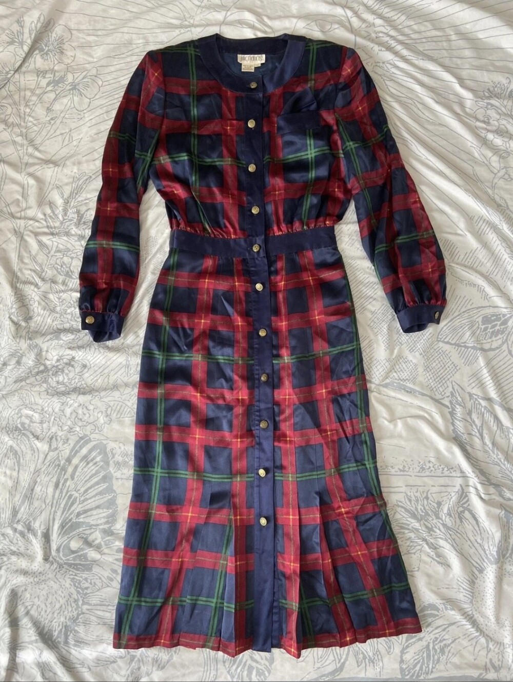 Vintage Navy, Red & Green Plaid Button-Front Midi Dress